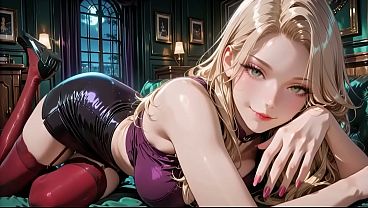 [AI-generated] Blonde Bombshell in Purple Lingerie Shiny Black Skirt Red Stockings High Heels – Seductive Blowjob Passionate Sex Creampie Climax